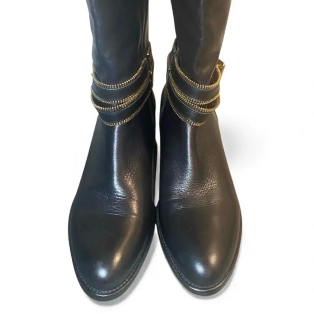 NWOB Heyraud Knee High Black Leather Boots With Gold Hardware - Size 40
